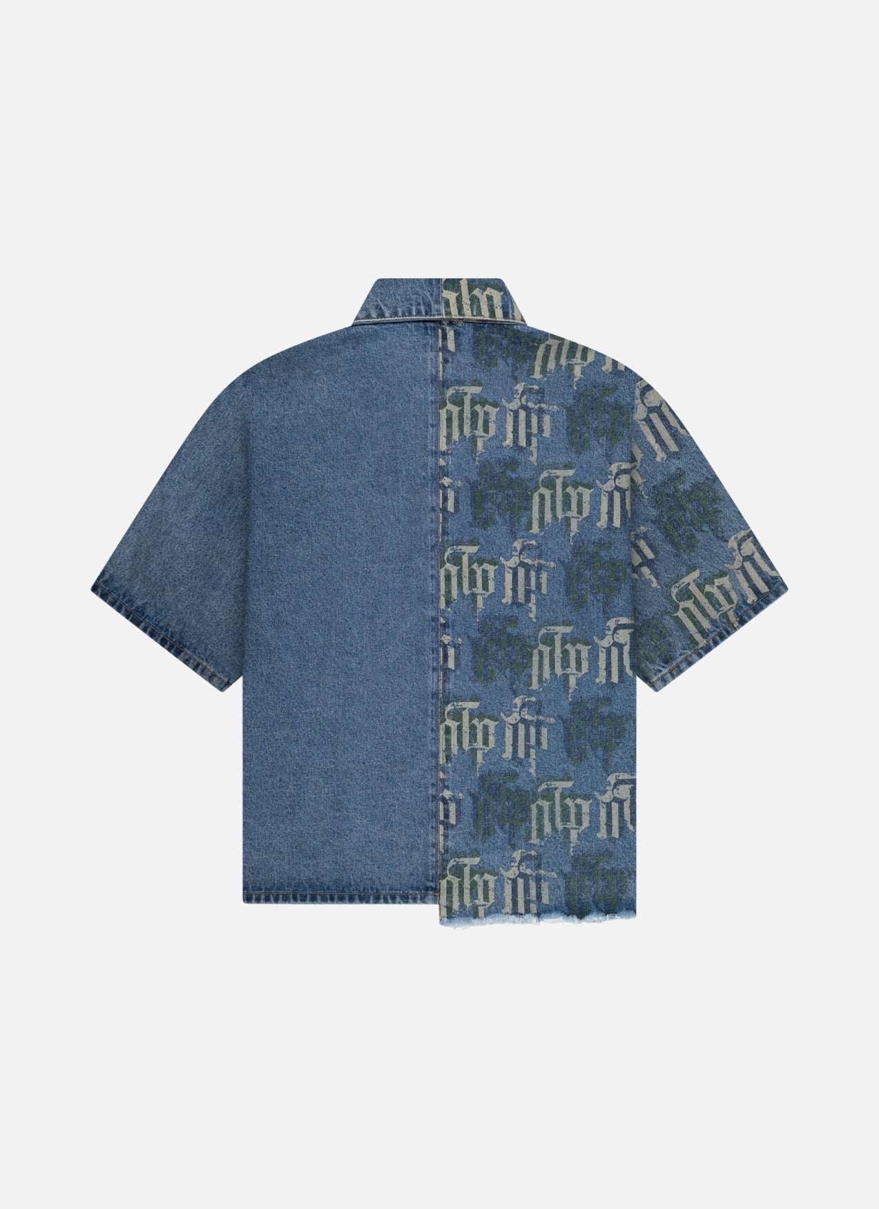 Fraktur Printed Denim Shirt | Blue Silver Green – Off The Pitch
