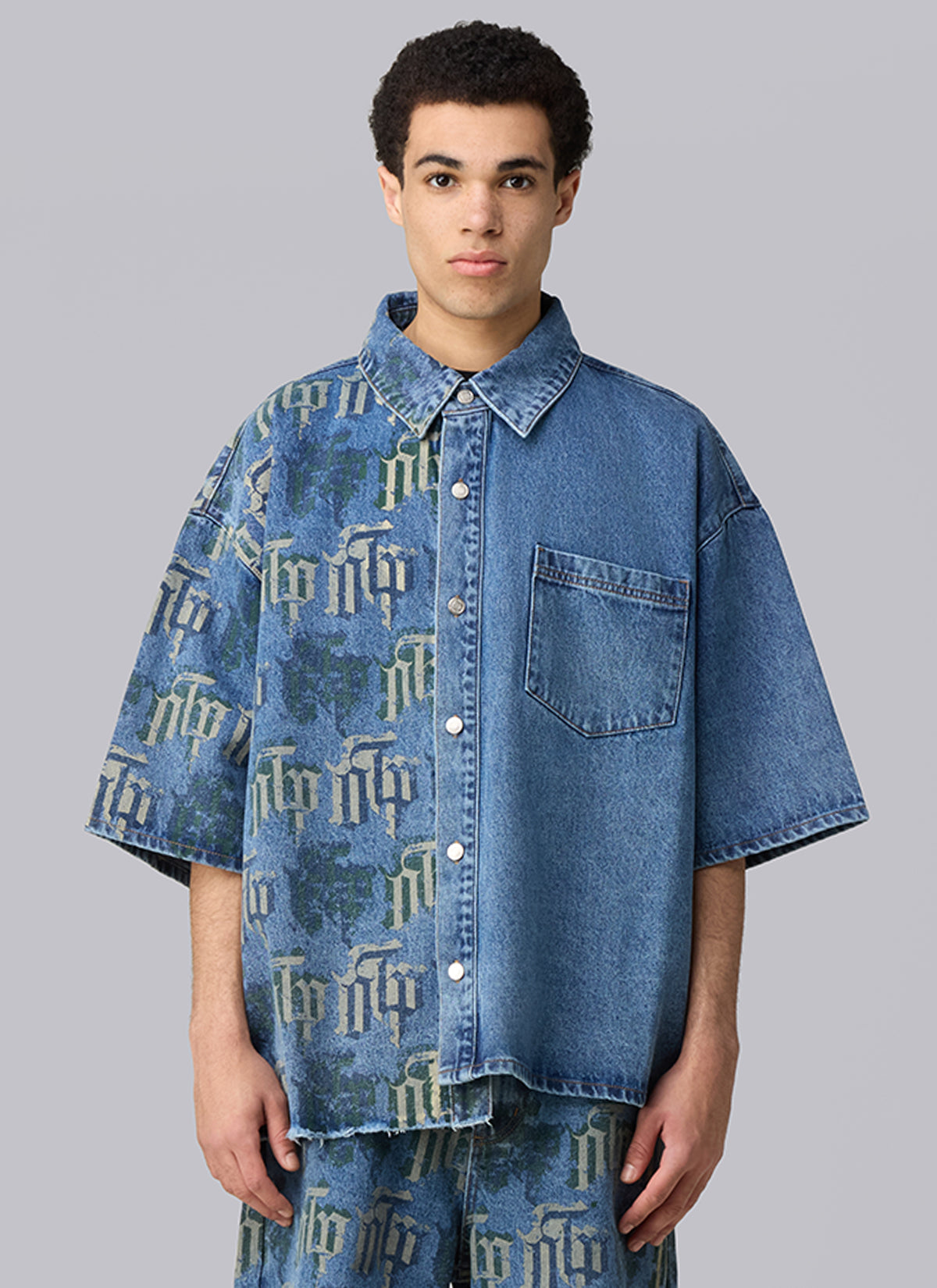 Fraktur Printed Denim Shirt | Blue Silver Green