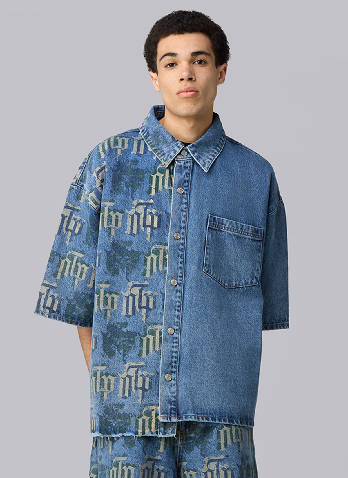 Fraktur Printed Denim Shirt | Blue Silver Green