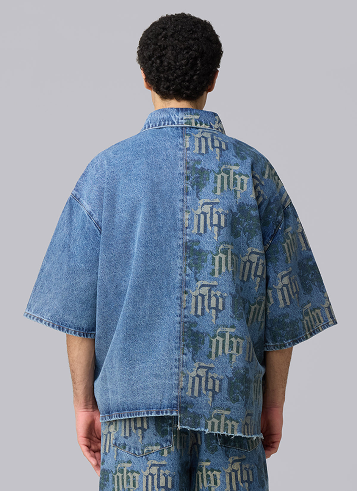 Fraktur Printed Denim Shirt | Blue Silver Green