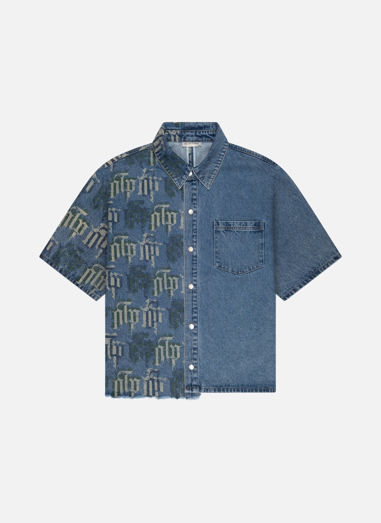 Fraktur Printed Denim Shirt | Blue Silver Green