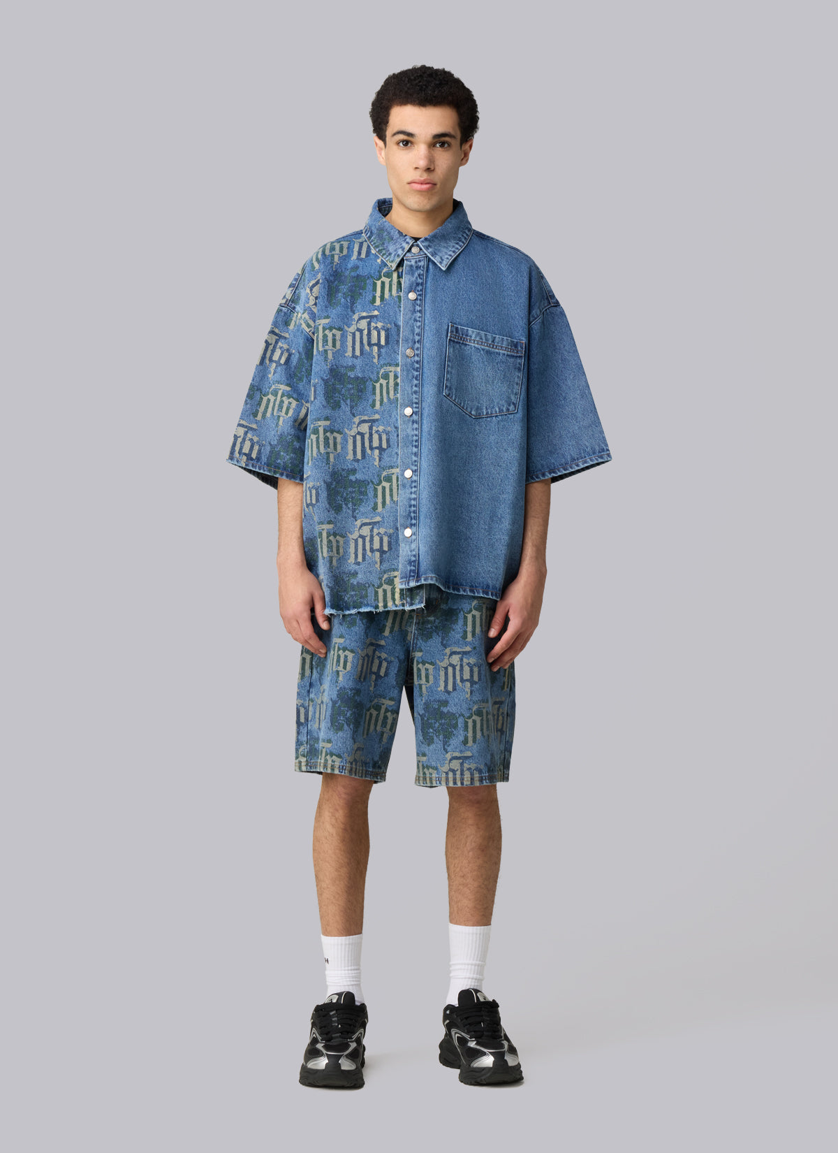 Fraktur Printed Denim Shirt | Blue Silver Green
