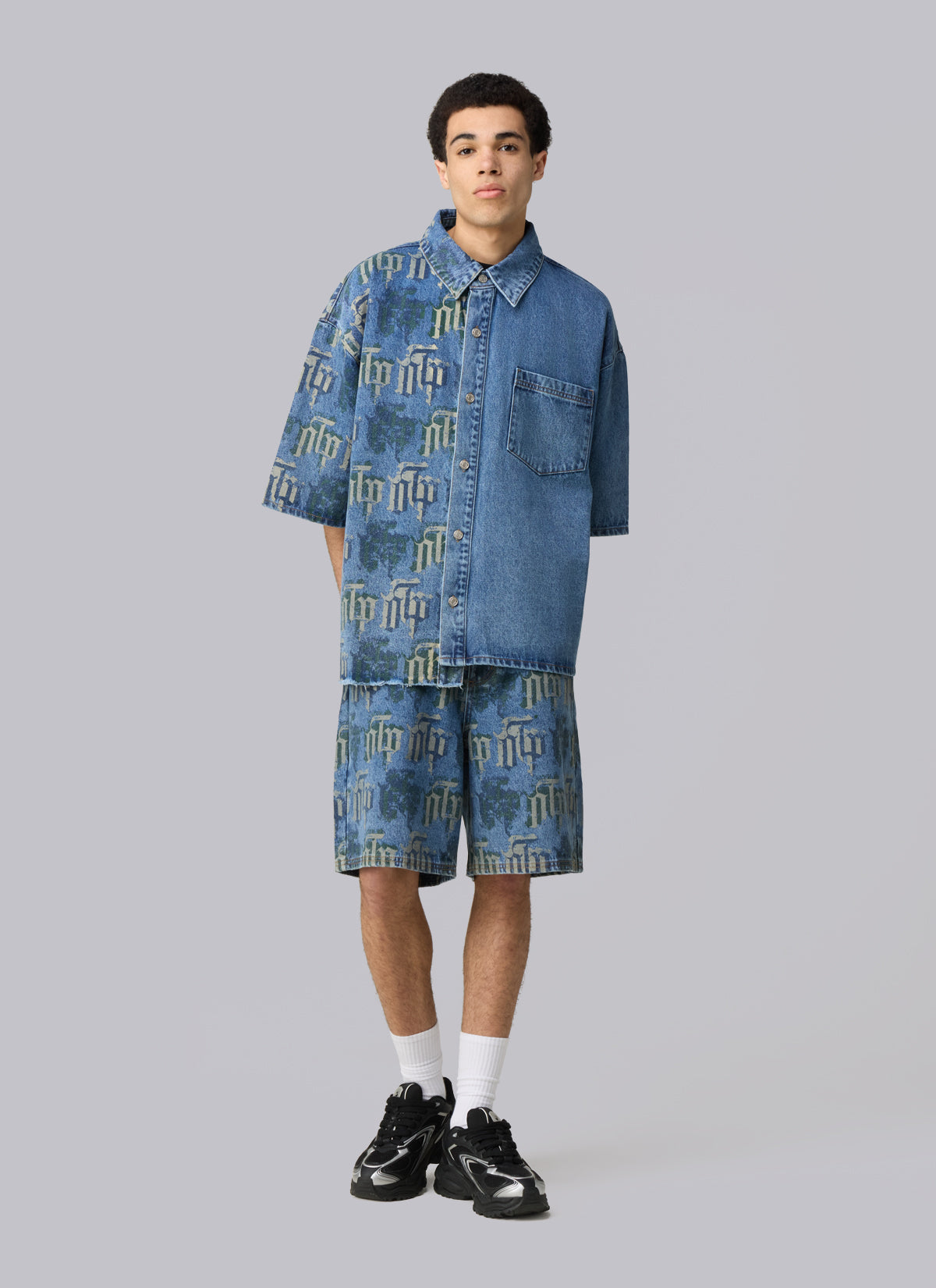 Fraktur Printed Denim Shirt | Blue Silver Green