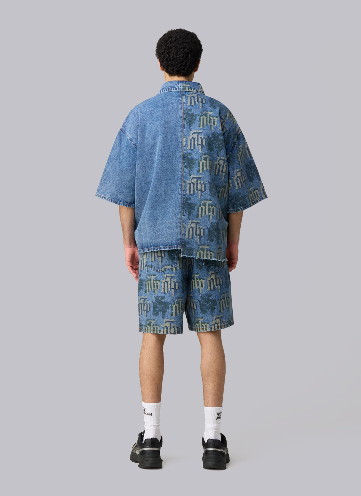 Fraktur Printed Denim Shirt | Blue Silver Green
