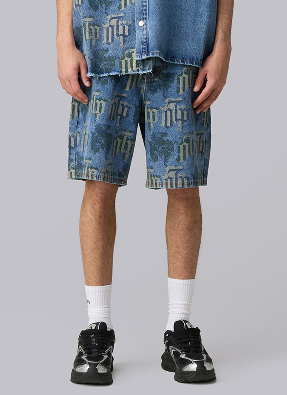 Fraktur Printed Denim Shorts | Blue Silver Green