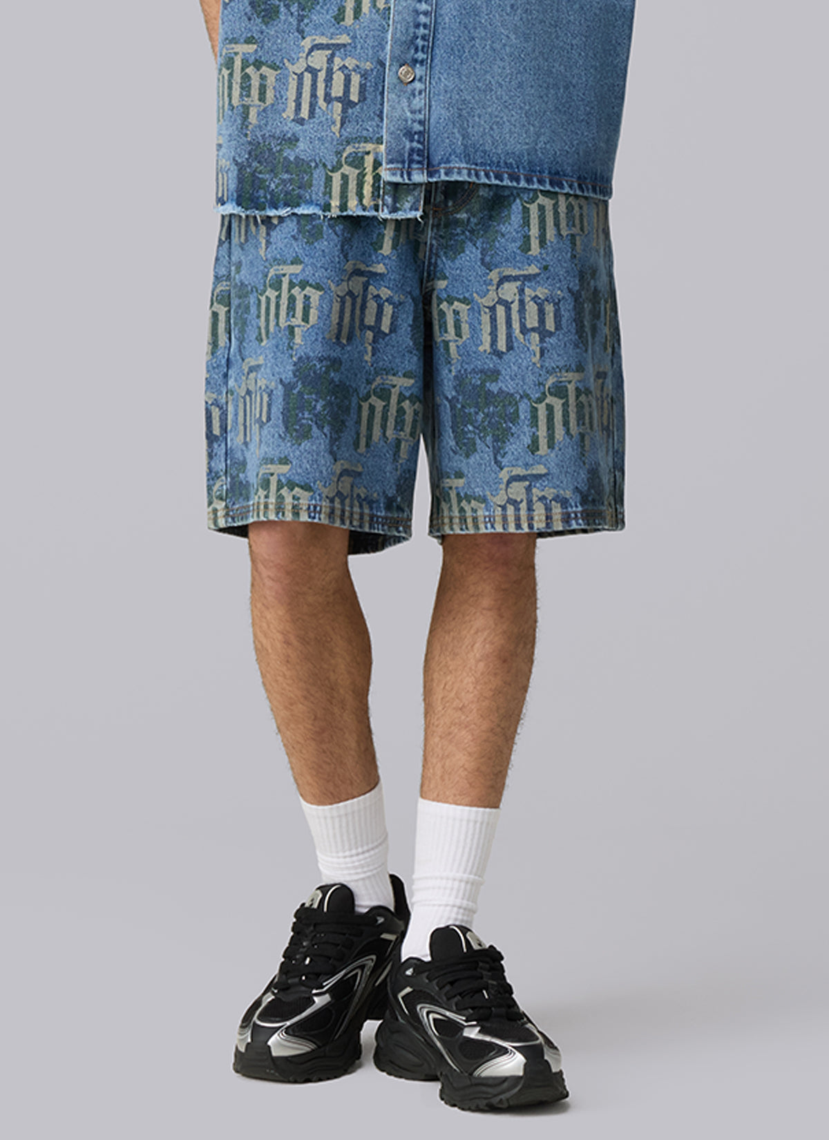 Fraktur Printed Denim Shorts | Blue Silver Green