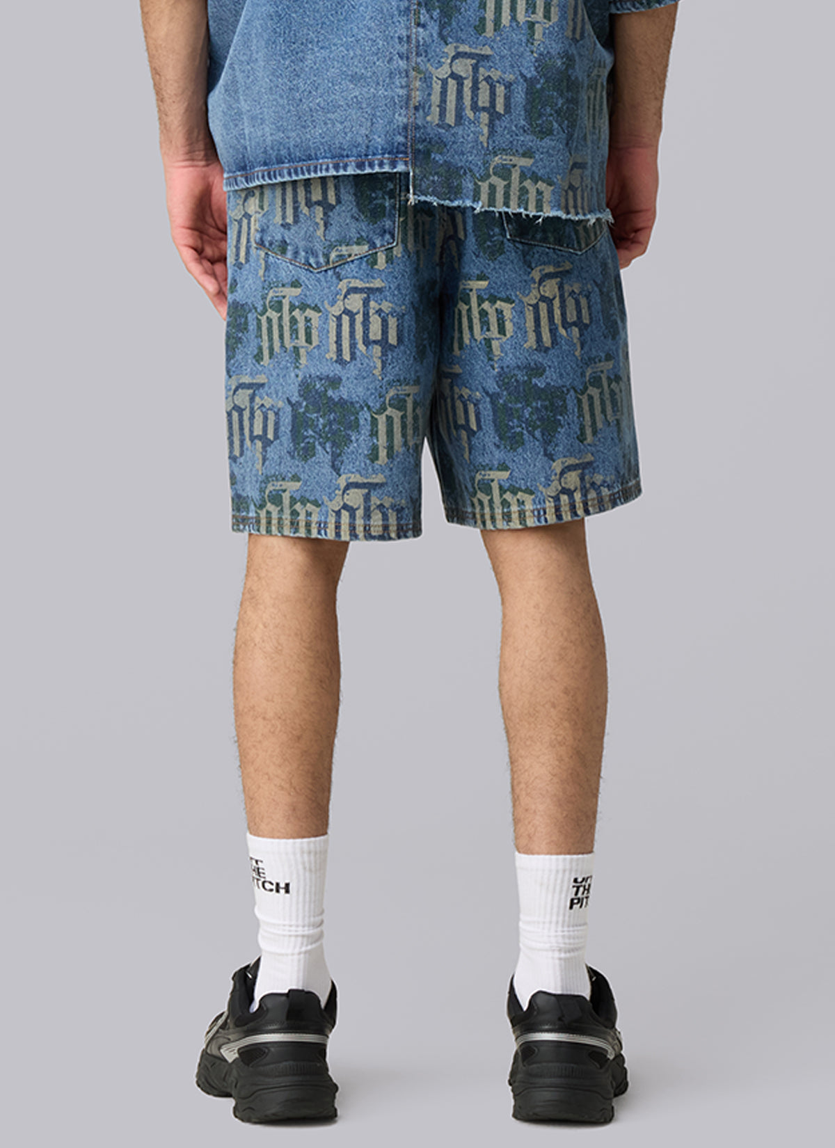 Fraktur Printed Denim Shorts | Blue Silver Green