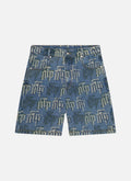 Fraktur Printed Denim Shorts | Blue Silver Green