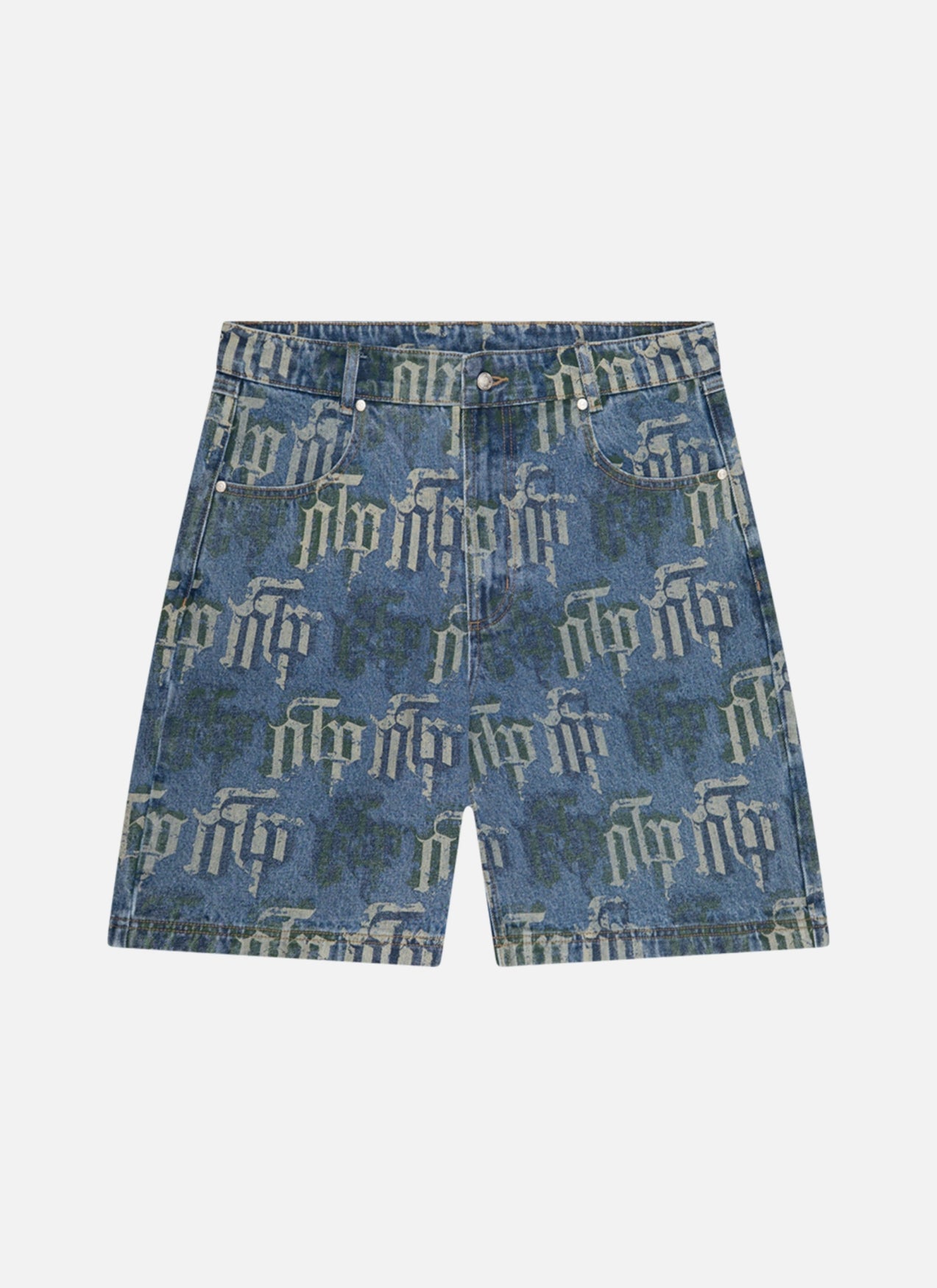 Fraktur Printed Denim Shorts | Blue Silver Green