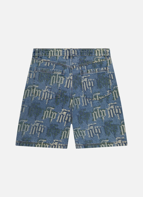 Fraktur Printed Denim Shorts | Blauw Zilver Groen