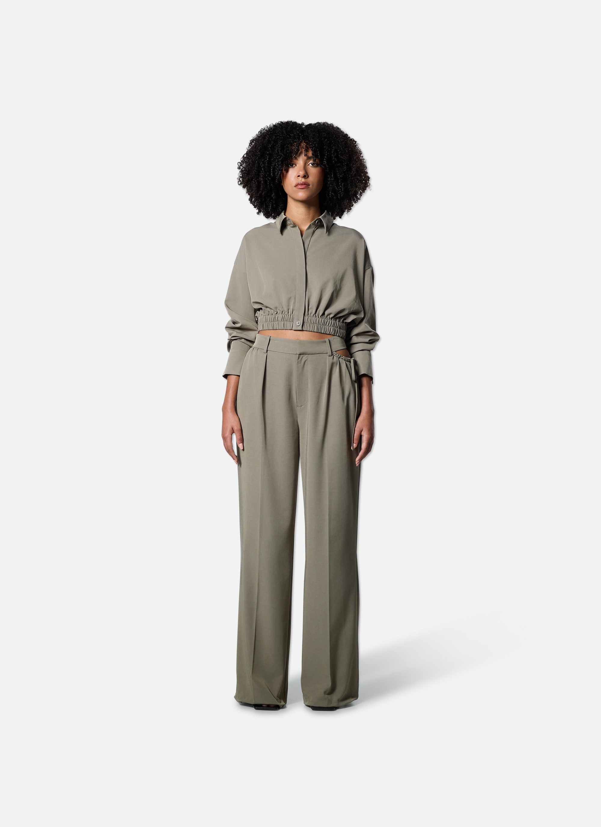 Gathered Cropped Shirt | Green/Grey