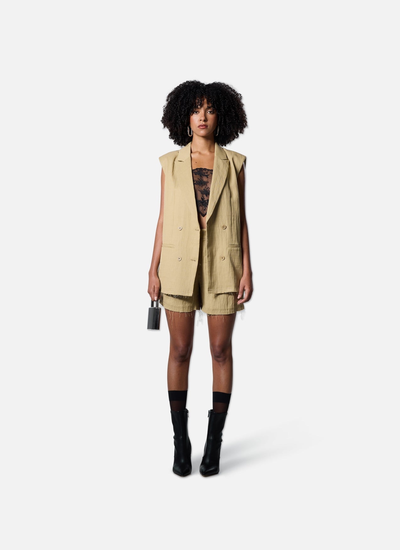 Sleeveless Frayed Blazer | Sand/Gold