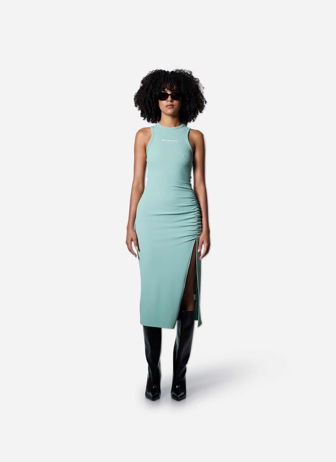 Gathered Ribbed Dress | Green/Green