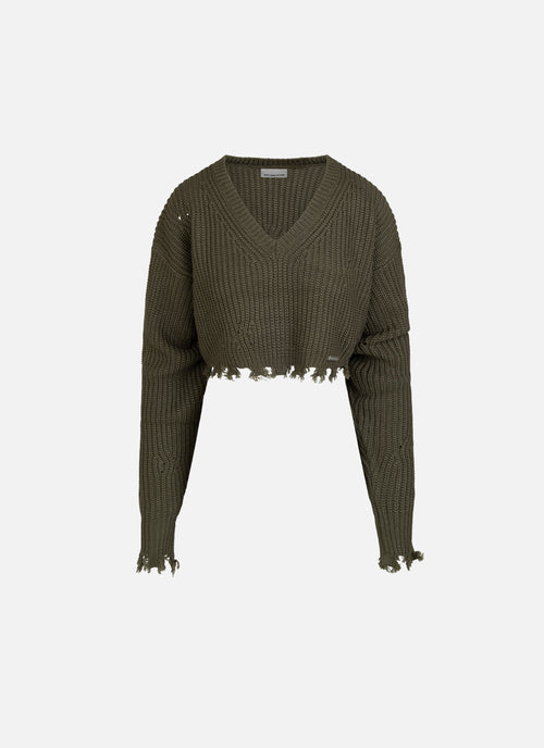 Knitted Rib V-Neck Cropped Top | Dark green