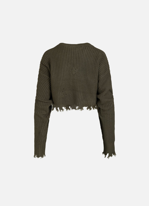 Knitted Rib V-Neck Cropped Top | Dark green