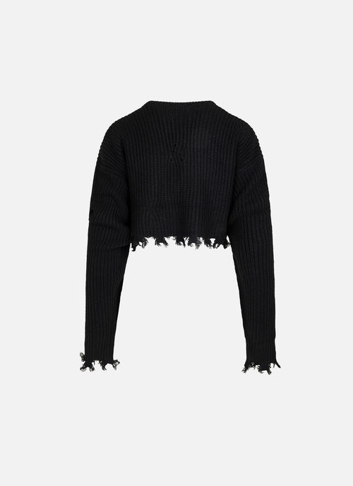Knitted Rib V-Neck Cropped Top | Black