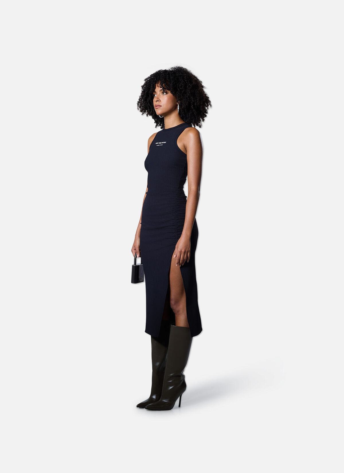 Gathered Ribbed Dress, Black, hi-res