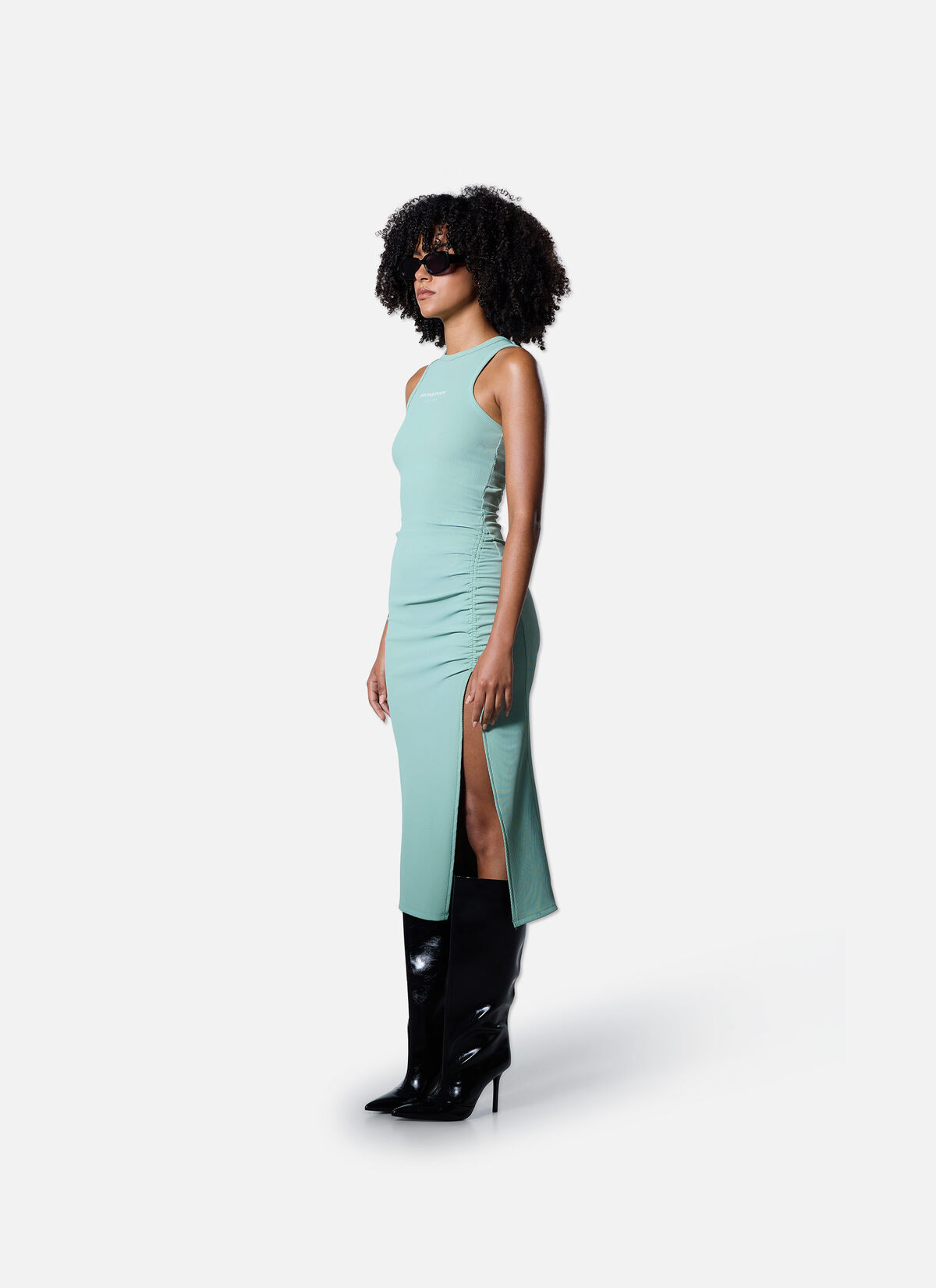 Gathered Ribbed Dress, Green/Green, hi-res
