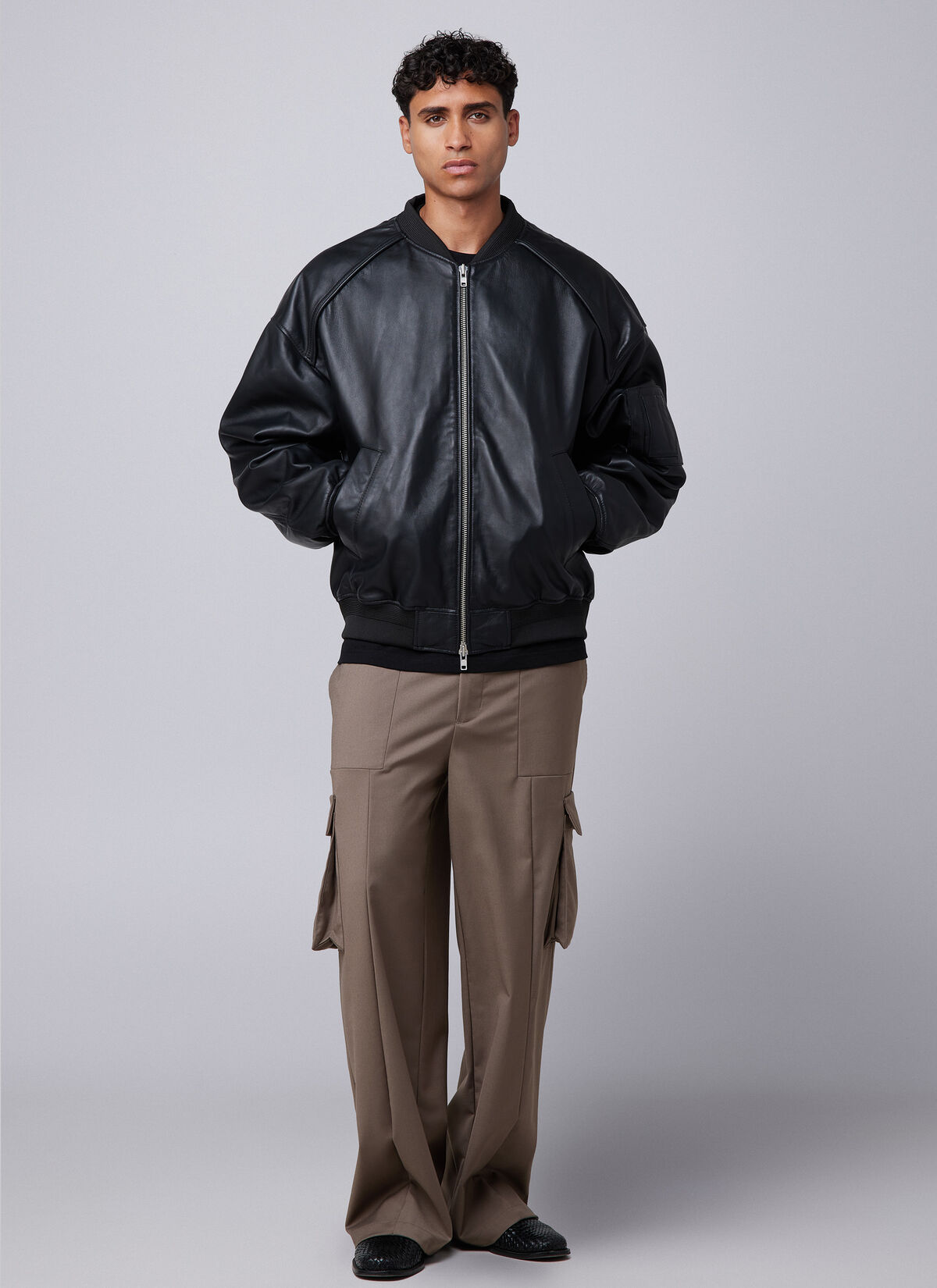 Leather Padded Bomber Jacket, Black, hi-res