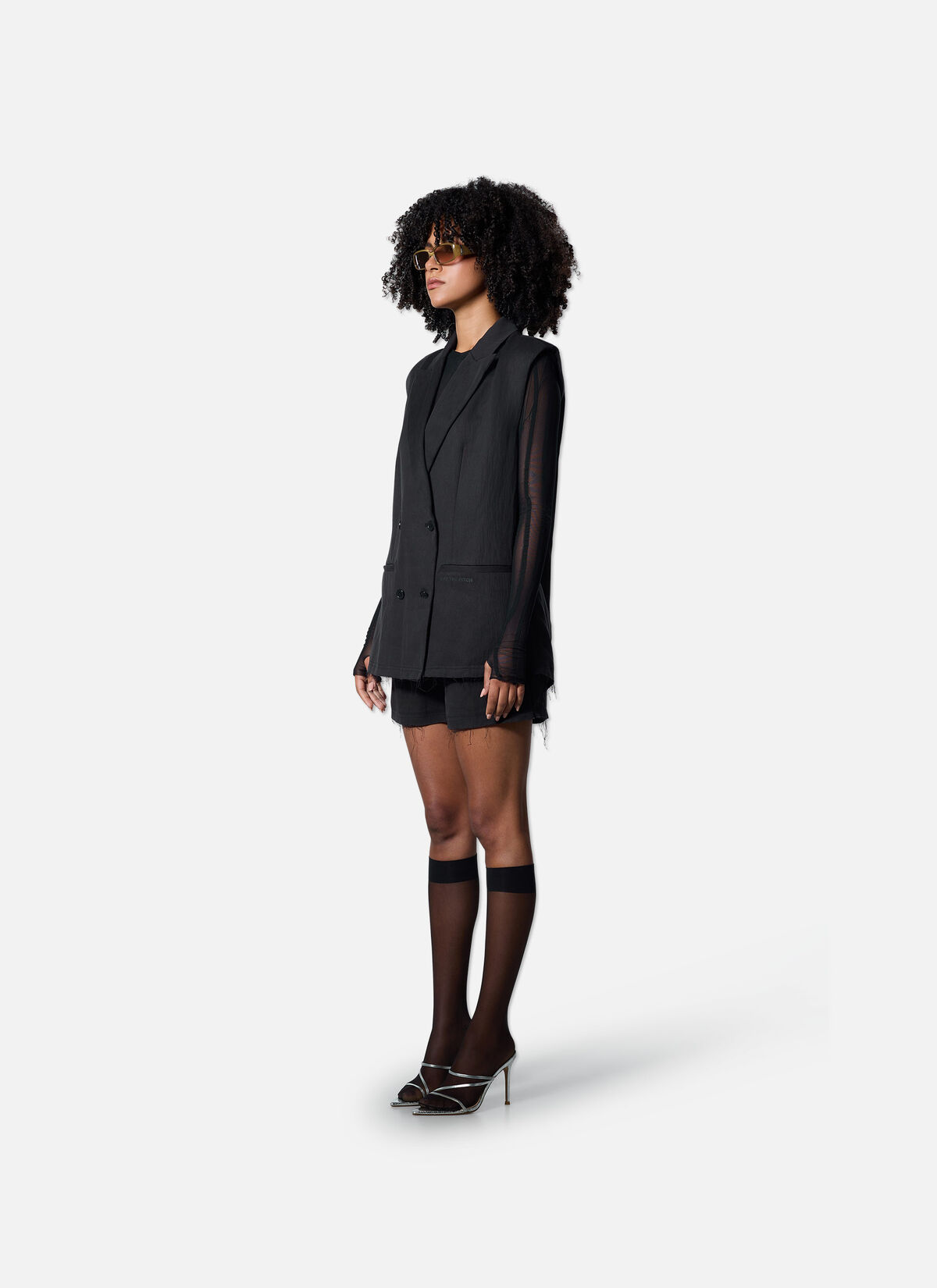 Sleeveless Frayed Blazer, Black, hi-res