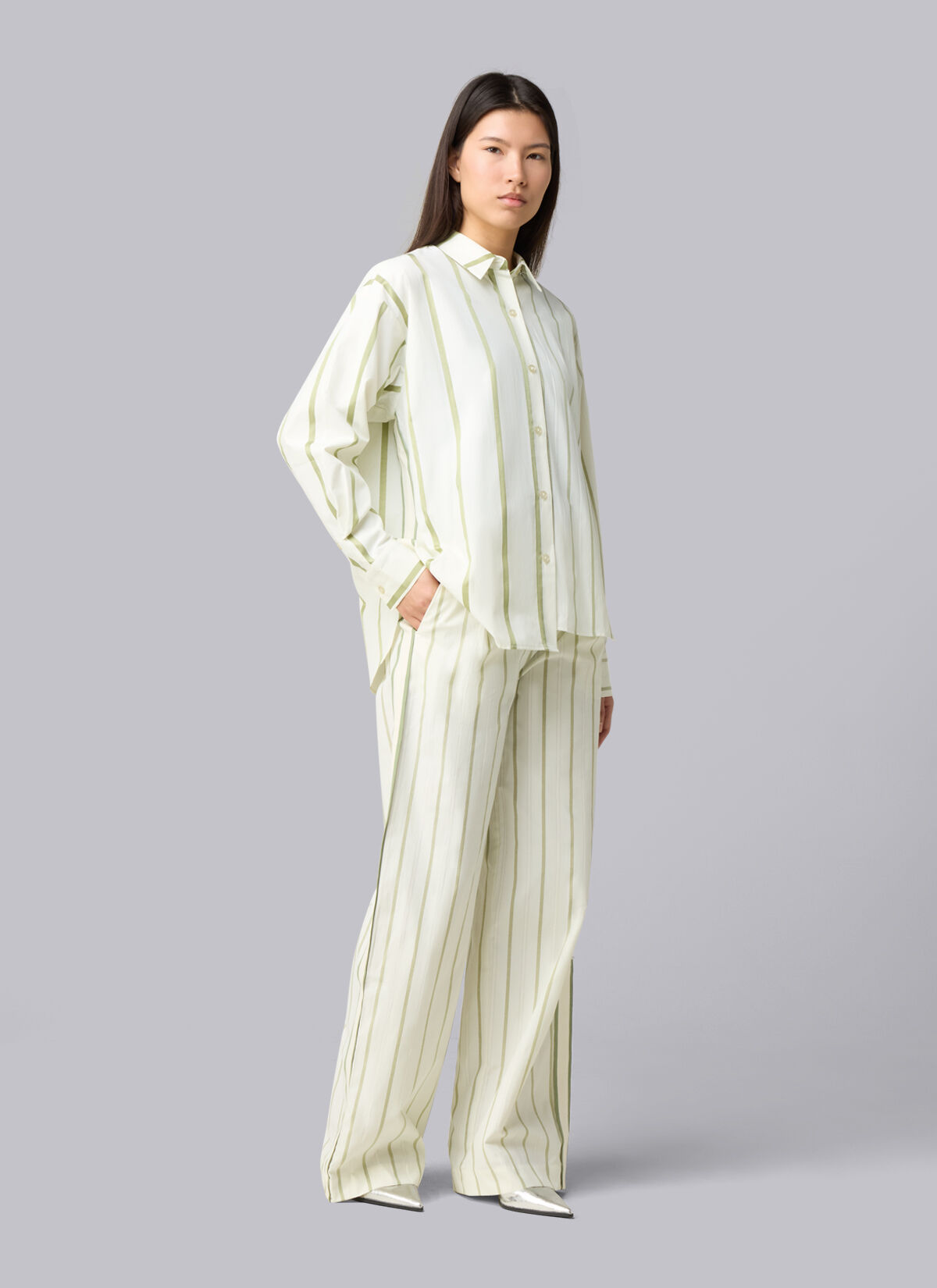 Asymmetric Striped Sora Shirt, Off white, hi-res