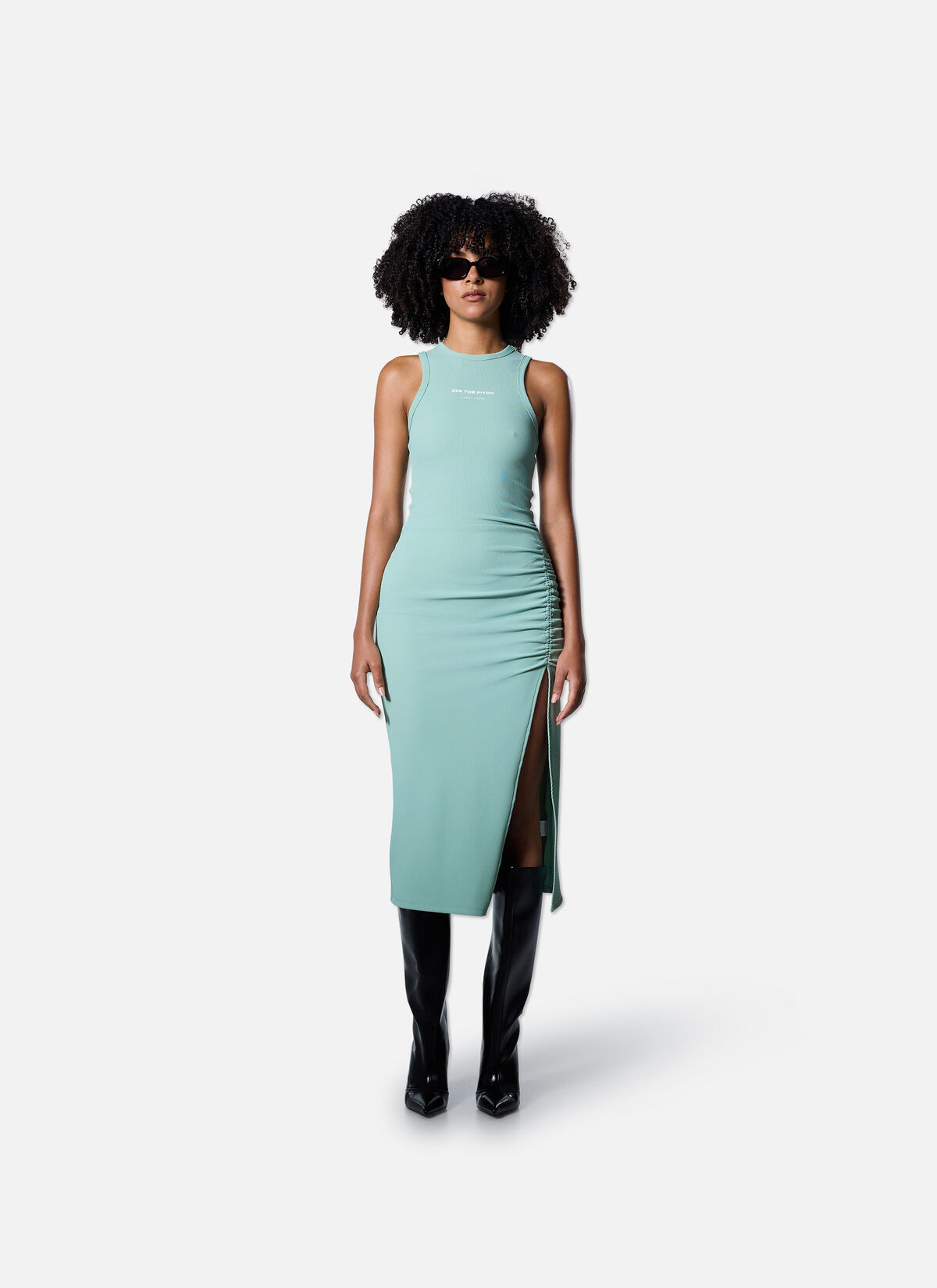 Gathered Ribbed Dress, Green/Green, hi-res