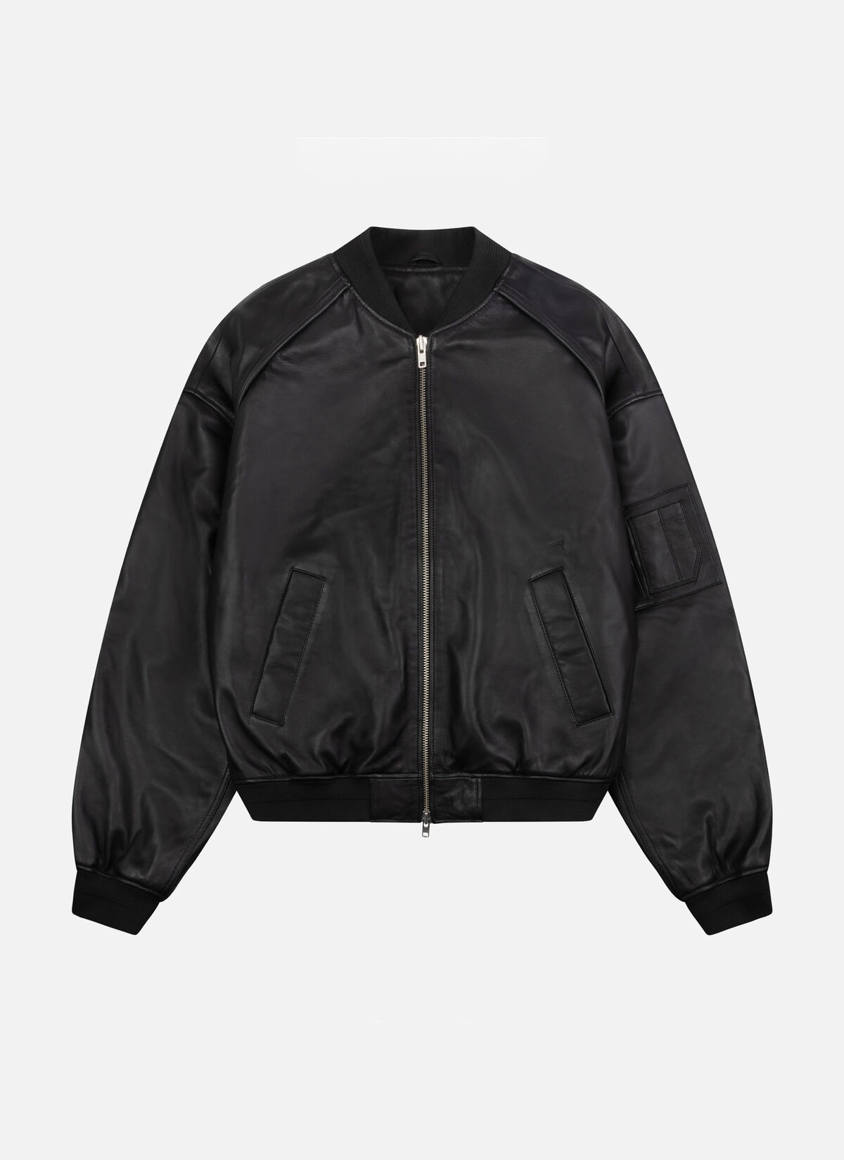 Leather Padded Bomber Jacket, Black, hi-res