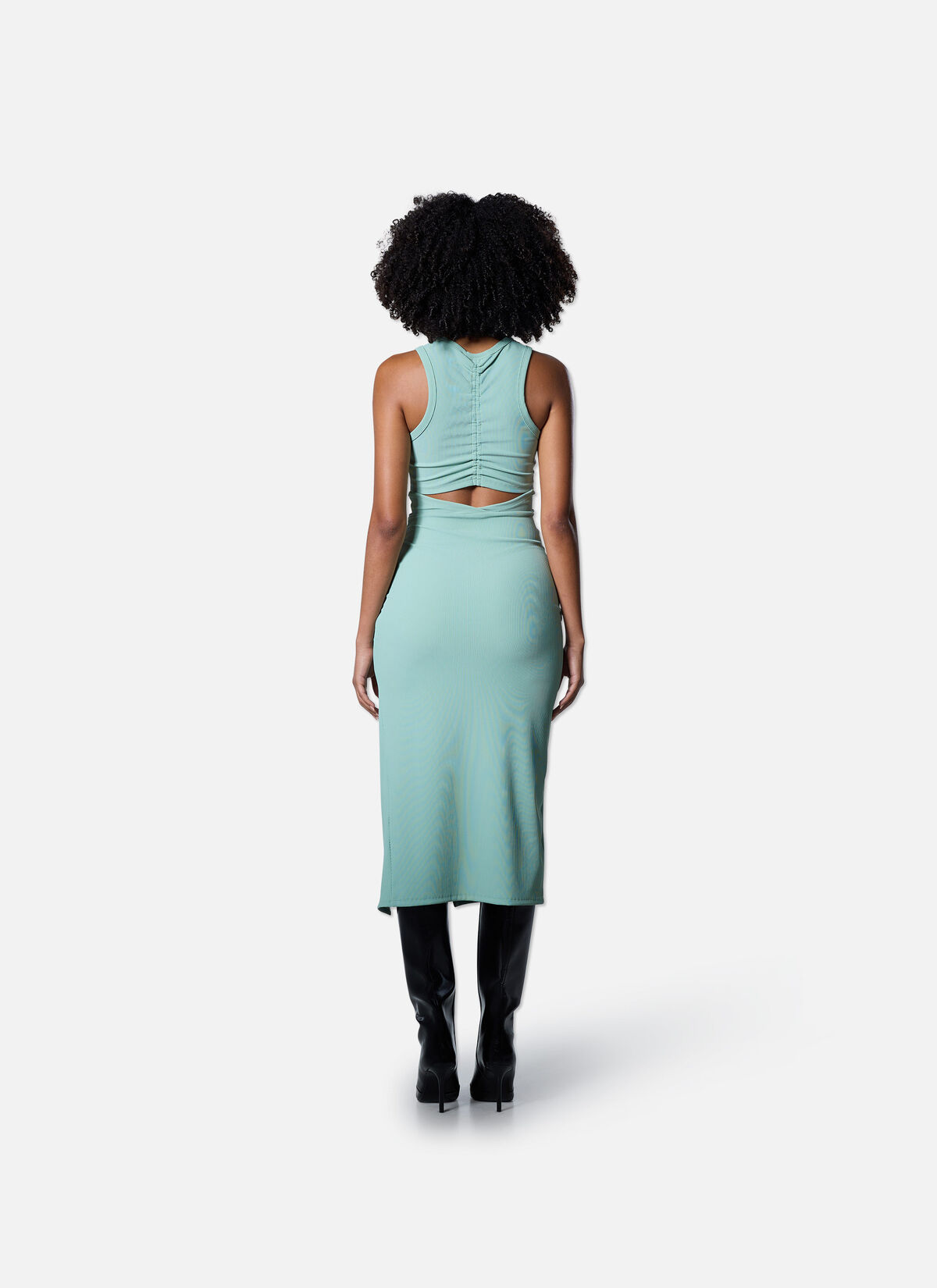 Gathered Ribbed Dress, Green/Green, hi-res