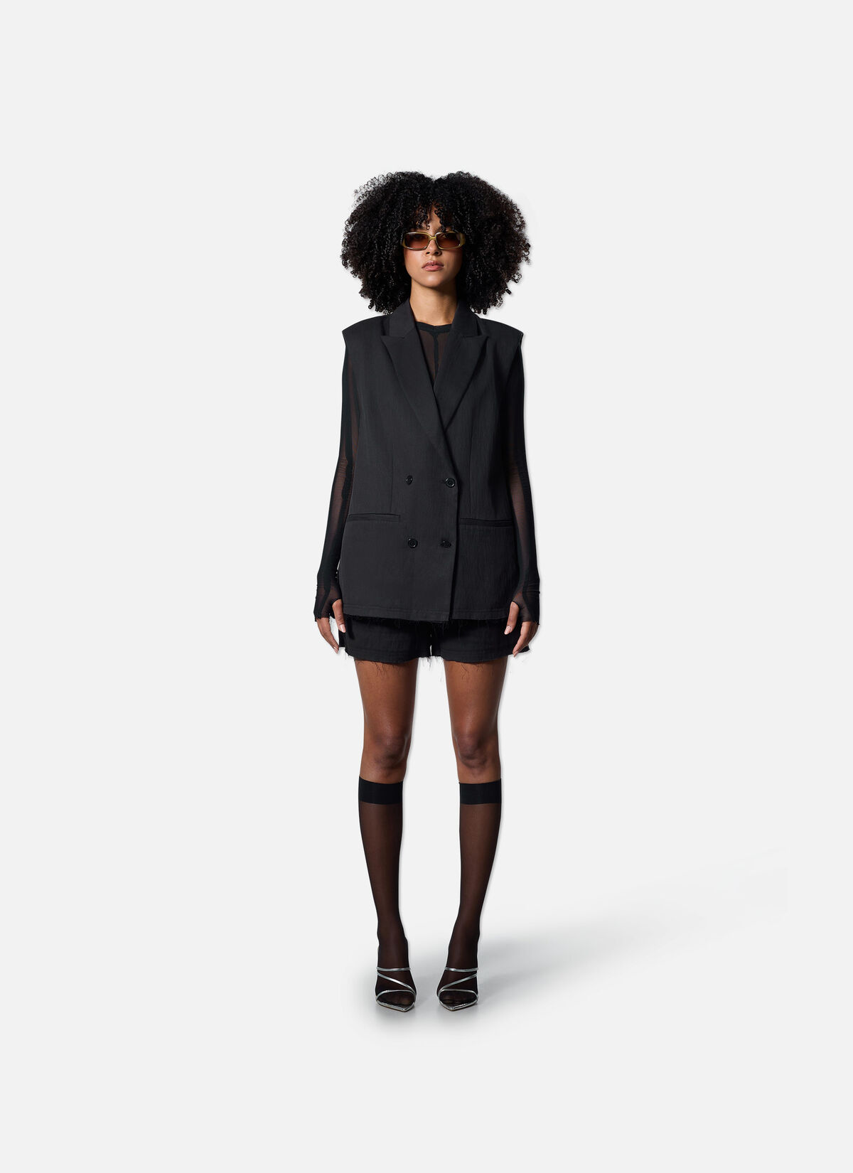 Sleeveless Frayed Blazer, Black, hi-res