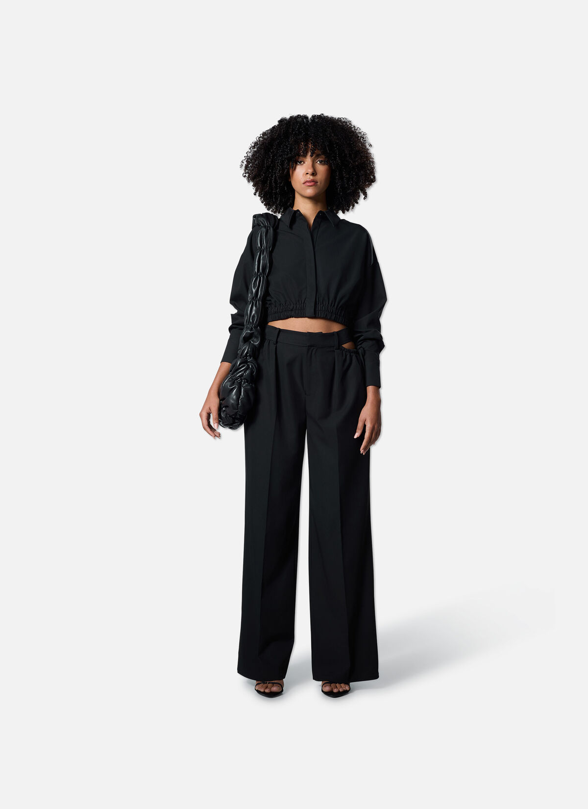 Gathered Cropped Shirt, Black, hi-res
