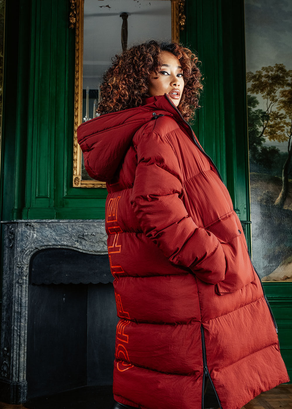 Longline puffer jacket with fur hood clearance