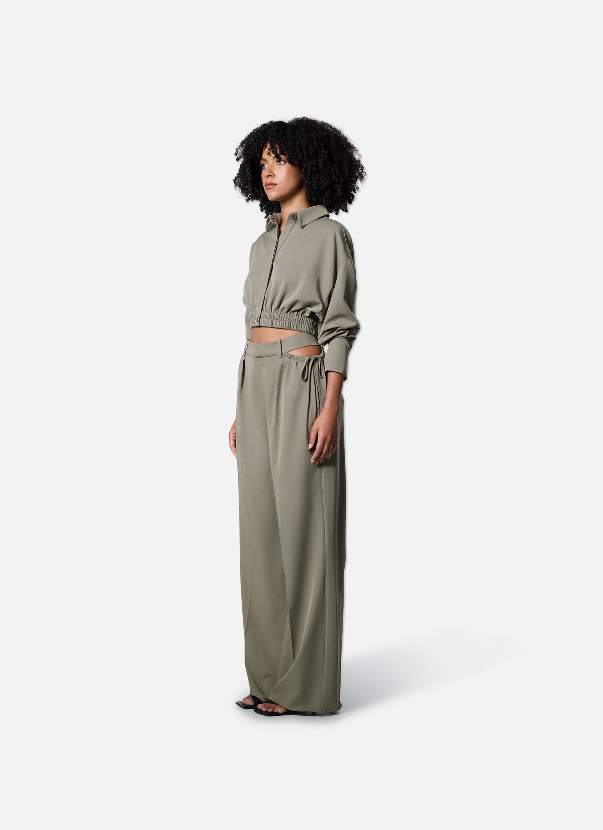 Gathered Cropped Shirt, Forest Green, hi-res