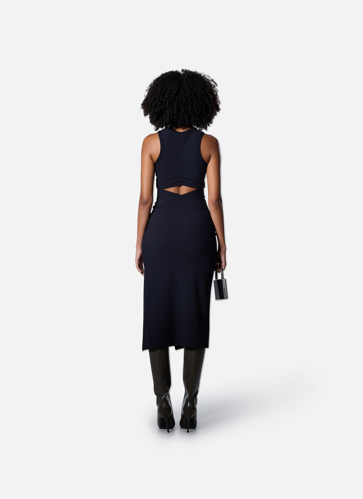 Gathered Ribbed Dress, Black, hi-res