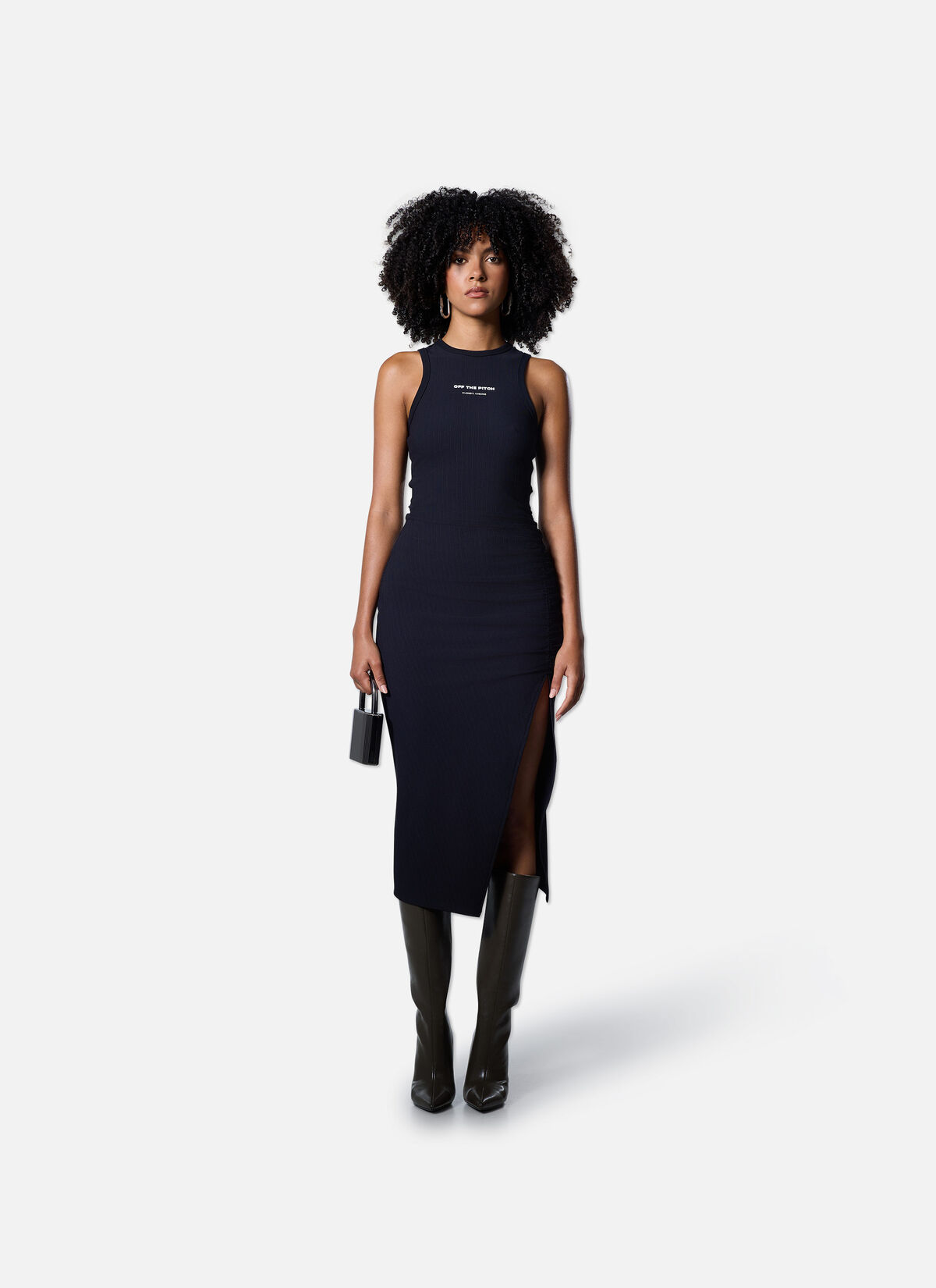 Gathered Ribbed Dress, Black, hi-res