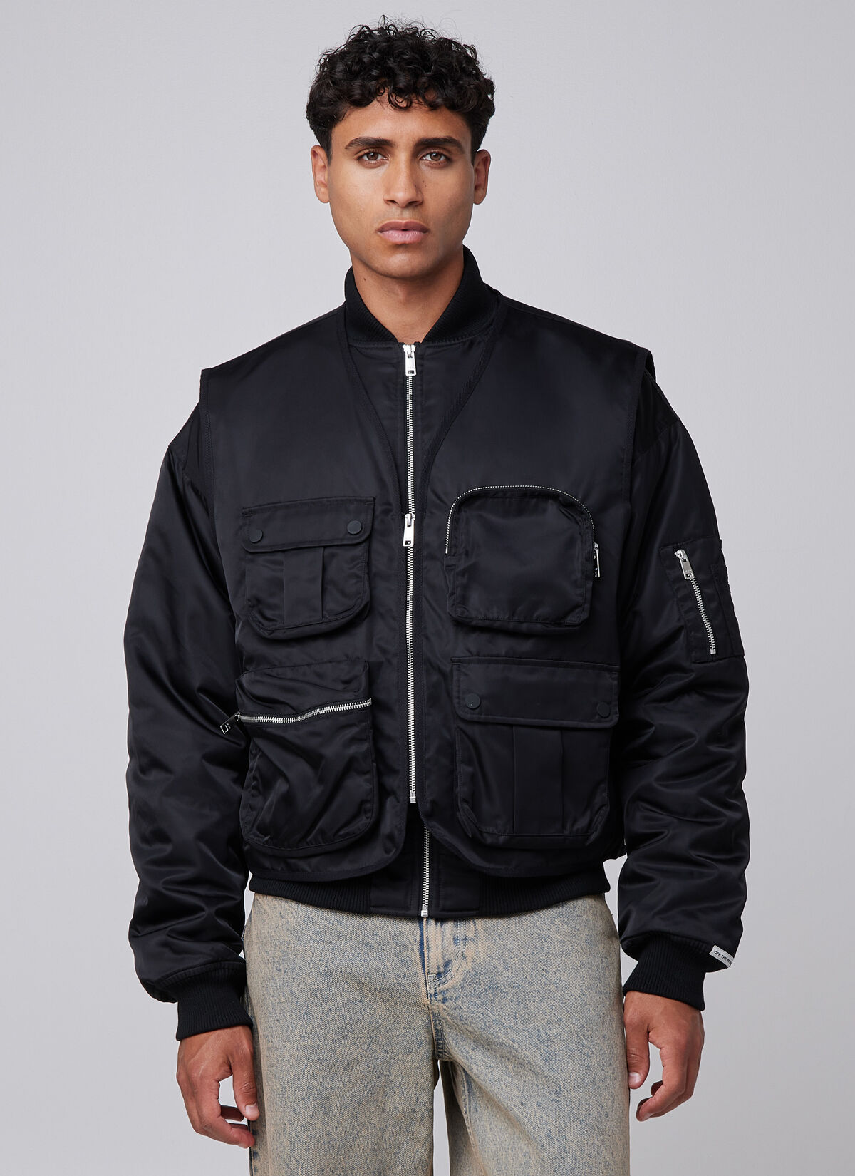 Double Layerd Bomber Jacket, Black, hi-res