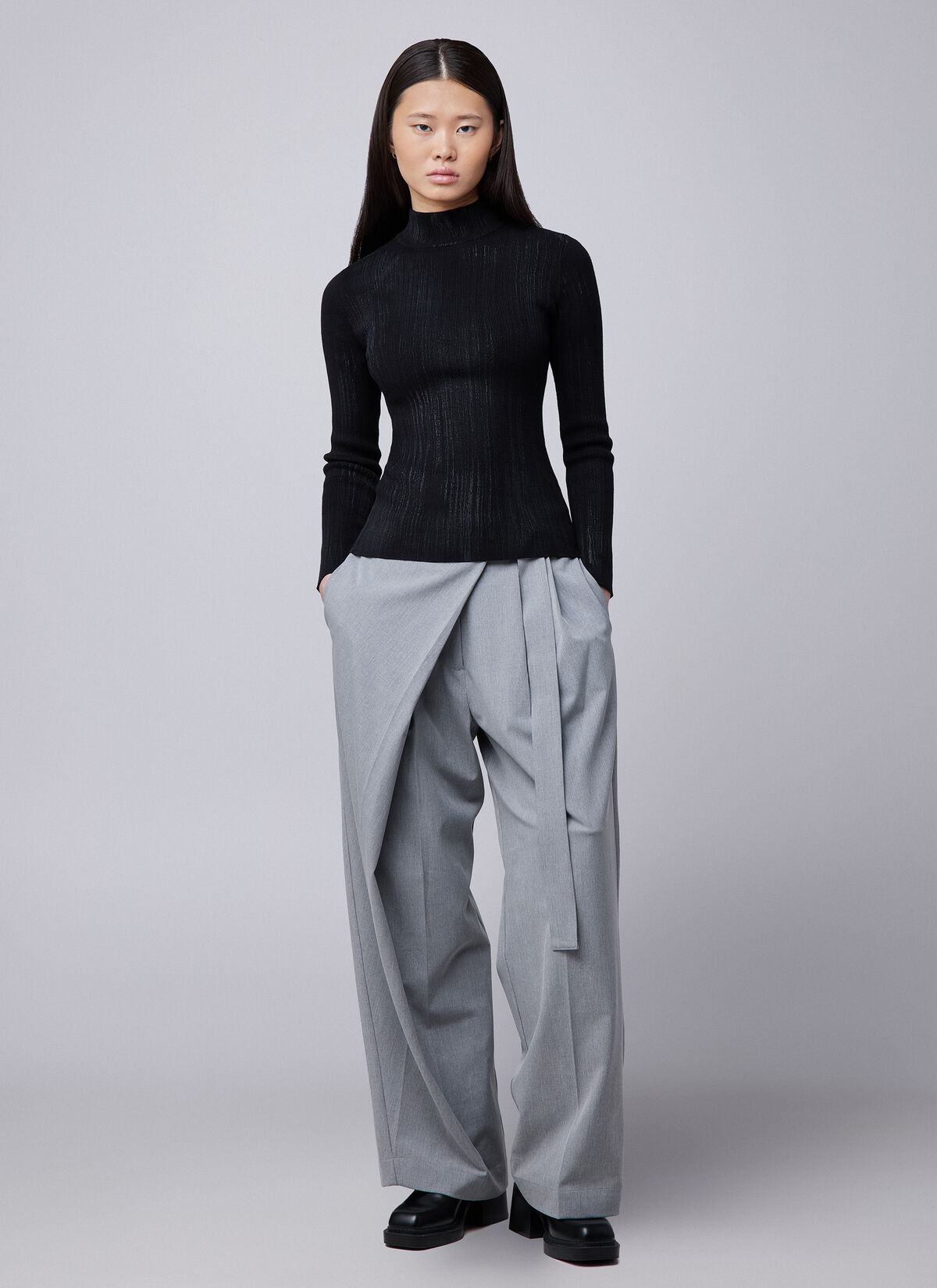 Knitted Turtleneck Mud Top, Black, hi-res