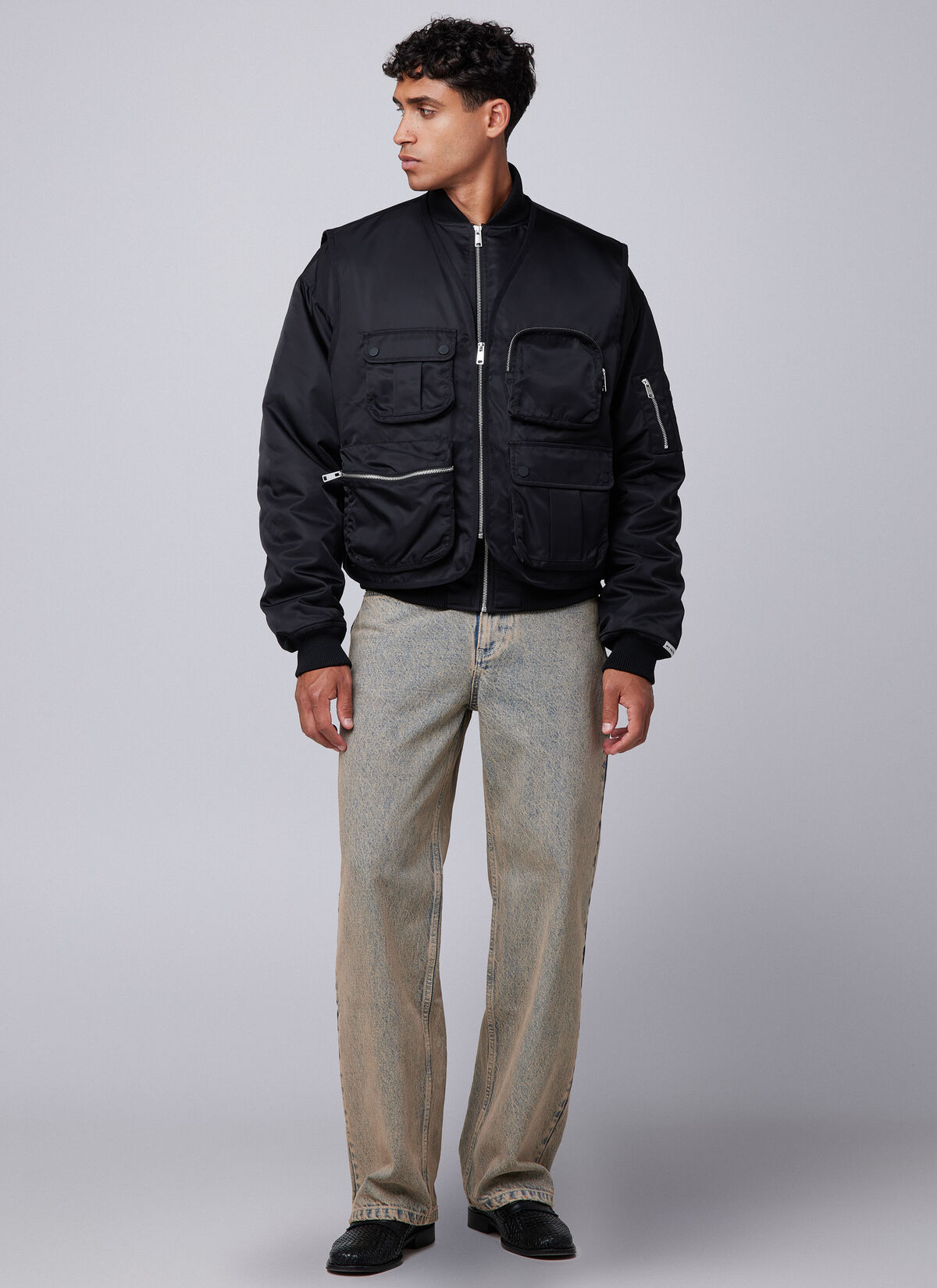 Double Layerd Bomber Jacket, Black, hi-res