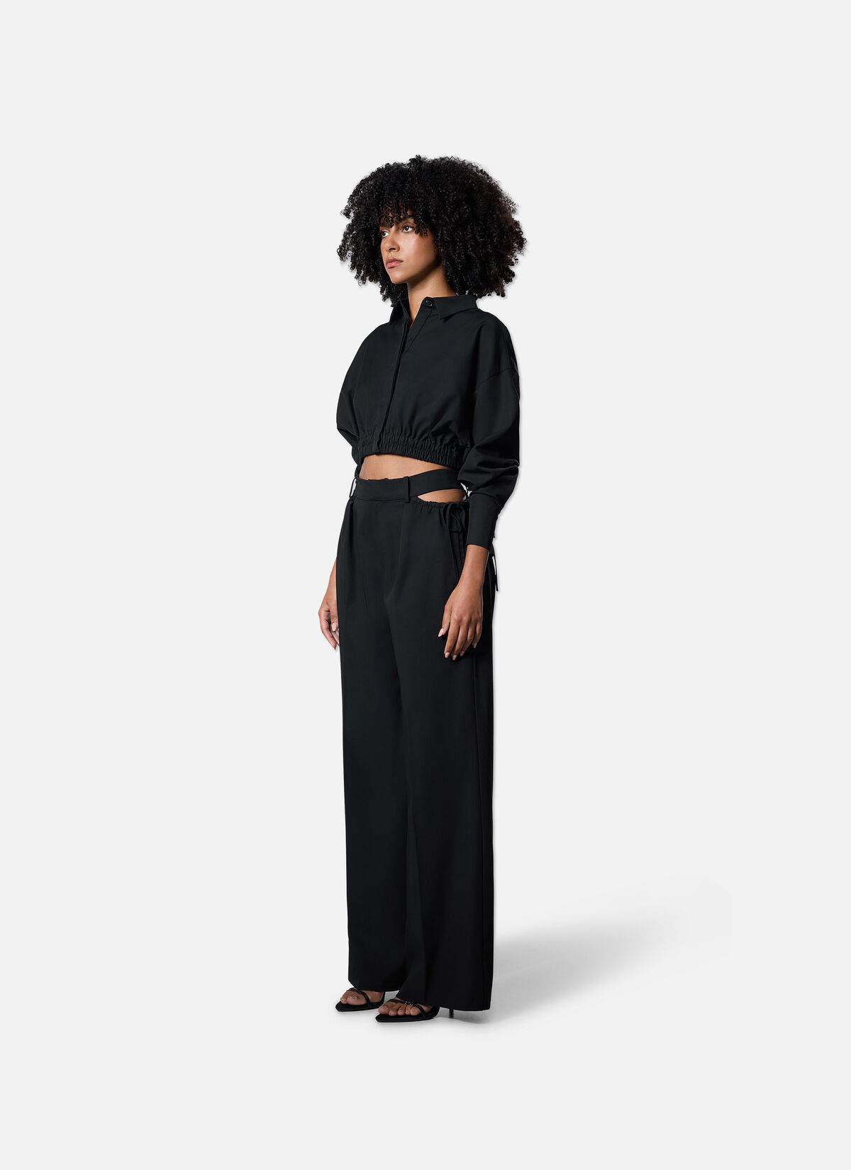 Gathered Cropped Shirt, Black, hi-res