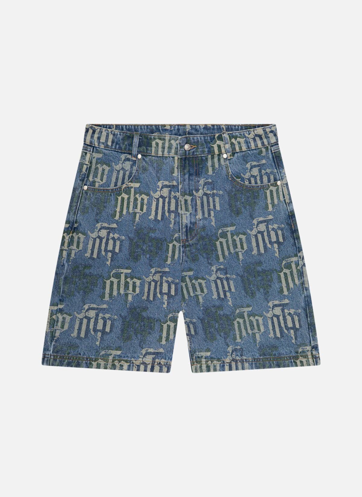 Fraktur Printed Denim Shorts, Navy EN, hi-res